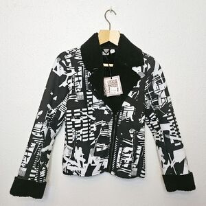 [DOLCEZZA]Abstract Blk/Wht Faux Leather & Fur Fashion Zip Up Jacket XS